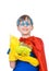 Beautiful cheerful child dressed as superhero cleaning