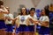 Beautiful cheerleaders dancing. Ukrainian Basketball Superleague. The basketball match BC Sokoly vs BC Odessa