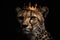 Beautiful Cheetah In Gold Crown On Matte Black Background. Generative AI