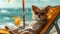Beautiful chihuahua dog lying on sun lounger on tropical sea beach during summer vacation, wearing orange sunglasses and