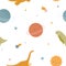 Beautiful childish seamless pattern with hand drawn cute dinosaurs travelling in cosmos with planets and stars. Colorful