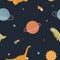 Beautiful childish seamless pattern with hand drawn cute dinosaurs travelling in cosmos with planets and stars. Colorful