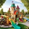 Beautiful children playground castle with colorful slides. Created with generative Ai