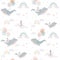 Beautiful children seamless pattern contain cute watercolor flying whales with air balloons lighthouses clouds and