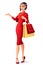 Beautiful Chinese Asian lady with shopping bags presenting. Vector illustration.