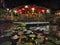 Beautiful Chinese lantern lights decoration on the pond surrounding with water lily in Kota Kinabalu, Sabah.