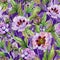 Beautiful Chinese peony with green leaves on bright purple background. Seamless floral pattern. Watercolor painting.