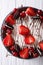 Beautiful chocolate cake with strawberry and cherry, decorated c