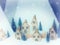 Beautiful Christmas background greeting card. Winter scenery snow forest and houses. New Year