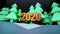 Beautiful Christmas background for new year with golden text 2020. 3d render background night coniferous forest in