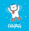 Beautiful Christmas card of polar bear in scarf and boots making a snow angel. Cute design for prints,