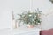Beautiful Christmas composition of a Christmas tree with toys in the interior of a bright white bedroom, dining room or living roo