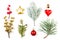 Beautiful Christmas composition. Red holly berries, golden star, glass baubles and green fir branch isolated on white background