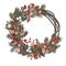 Beautiful Christmas decorative wreath of vine and pine branches, berries, ilex, cedar cones, and cute birds isolated on