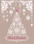 Beautiful Christmas pastel greeting craft card with hanging decoration, floral arch and Xmas tree with paper cutting snowflakes