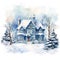 Beautiful Christmas scene with decorated house and snowy trees. Watercolor image. Generative AI