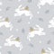 Beautiful Christmas seamless, repeated pattern. Jumping white rabbits, hares with gift boxes and fir tree branches. Blue