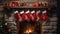 Beautiful Christmas socks over a fireplace. Many red Christmas stockings are hanging over a chimney. New Year sock hung on top of