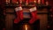 Beautiful Christmas socks over a fireplace. Two red Christmas stockings are hanging over a chimney. New Year sock hung on top of a