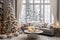 Beautiful Christmas tree in a decorated living room. Festive interior
