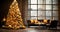 Beautiful Christmas tree in decorated living room. Festive interior