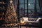 Beautiful Christmas tree in a decorated living room, festive interior, night time