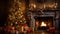 Beautiful christmas tree with decoration in cozy room interior with fireplace, candles and gift boxes