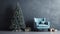 Beautiful Christmas tree with gifts near chair and dusty blue textured wall. Monochrome empty living room Wall scene mockup.