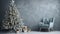 Beautiful Christmas tree with gifts near chair and dusty blue textured wall. Monochrome empty living room Wall scene mockup.