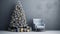 Beautiful Christmas tree with gifts near chair and dusty blue textured wall. Monochrome empty living room Wall scene mockup.