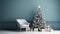 Beautiful Christmas tree with gifts near chair and dusty blue textured wall. Monochrome empty living room Wall scene mockup.