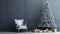 Beautiful Christmas tree with gifts near chair and dusty blue textured wall. Monochrome empty living room Wall scene mockup.