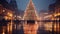 Beautiful Christmas tree standing in the city center. Decorated fir with glowing garlands, city center market. town fair with a