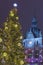 Beautiful Christmas tree and Town Hall building at famous main square Hauptplatz , in winter by night, in the city center of Graz