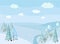 Beautiful Christmas winter river landscape background with snow, trees, spruces, frozen river, clouds, fields