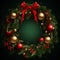 Beautiful Christmas wreath of fresh spruce on a green background. Christmas mood