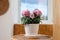 Beautiful chrysanthemum plant in flower pot on wooden table indoors