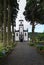 Beautiful church of SÃ£o Nicolau Saint Nicolas with an alley of tall trees in Sete Cidades on SÃ£o Miguel island, Azores