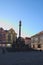 Beautiful circa AUGUST - marian pillar and historic houses at the background, spring evening. Pilsen Plzen, West Bohemian region