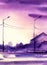 Beautiful city landscape in lilac shades. Romantic purple dusk sky with soft clouds above road with power poles and