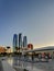 Beautiful city roads and towers at sunset | View of Abu Dhabi city Etihad towers and iconic landmarks at Corniche road