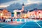 Beautiful city scenery in the central square with the old clock tower in Piran, the tourist center of Slovenia. popular tourist