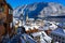 beautiful cityscape of the special city Hallstatt in Austria Salzkammergut snowy winter mountains and lake and church