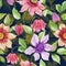 Beautiful clematis flowers on climbing twigs against dark blue background. Seamless floral pattern. Watercolor painting.