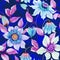 Beautiful clematis flowers on climbing twigs against ultramarine background. Seamless floral pattern. Watercolor painting.