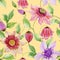 Beautiful clematis flowers on climbing twigs against yellow background. Seamless floral pattern. Watercolor painting.