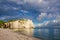 Beautiful cliffs Aval of Etretat, rocks and natural arch landmark of famous coastline, sea landscape, Normandy, France, Europe