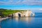 Beautiful cliffs Aval of Etretat, rocks and natural arch landmark of famous coastline, sea landscape, Normandy, France, Europe