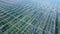 Beautiful close up panorama aerial fly off over industrial greenhouses with green sprouts, sun and sky reflected in