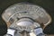 Beautiful closeup blurry view of silver standpipe head with inscription, Dublin, Ireland